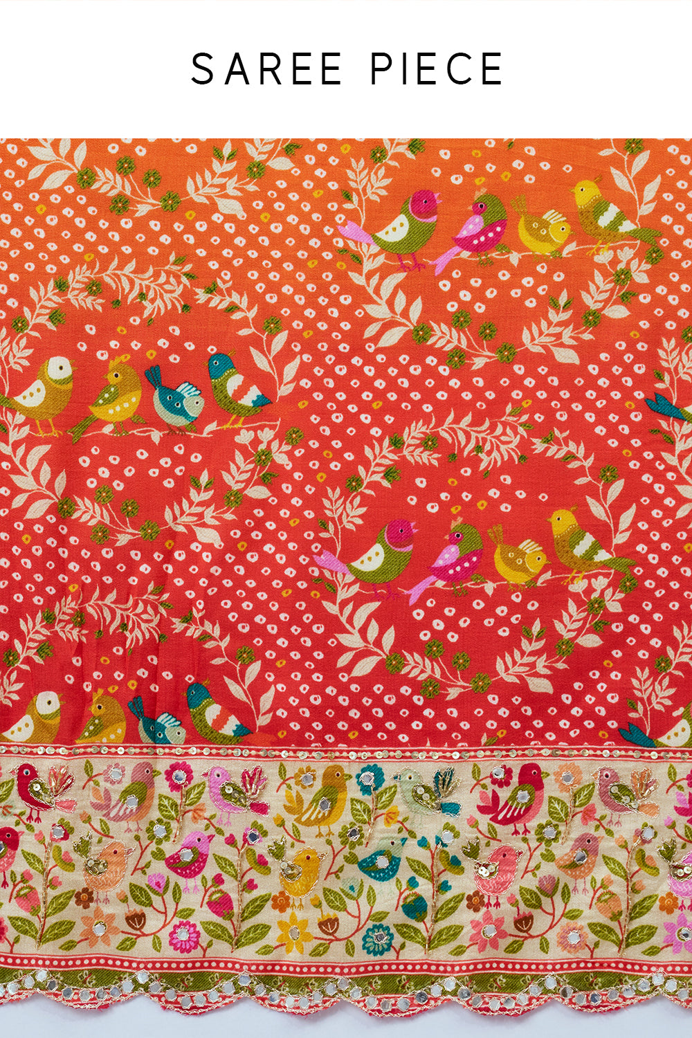Orange and Red Silk Saree with Mirror and Sequin Work and Unstitched Blouse