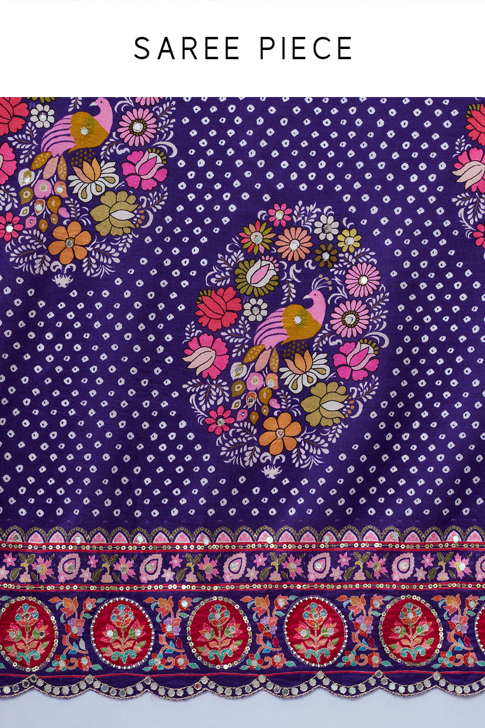 Purple Chanderi Silk Bandhani Print Saree with Mirror Work and Unstitched Blouse