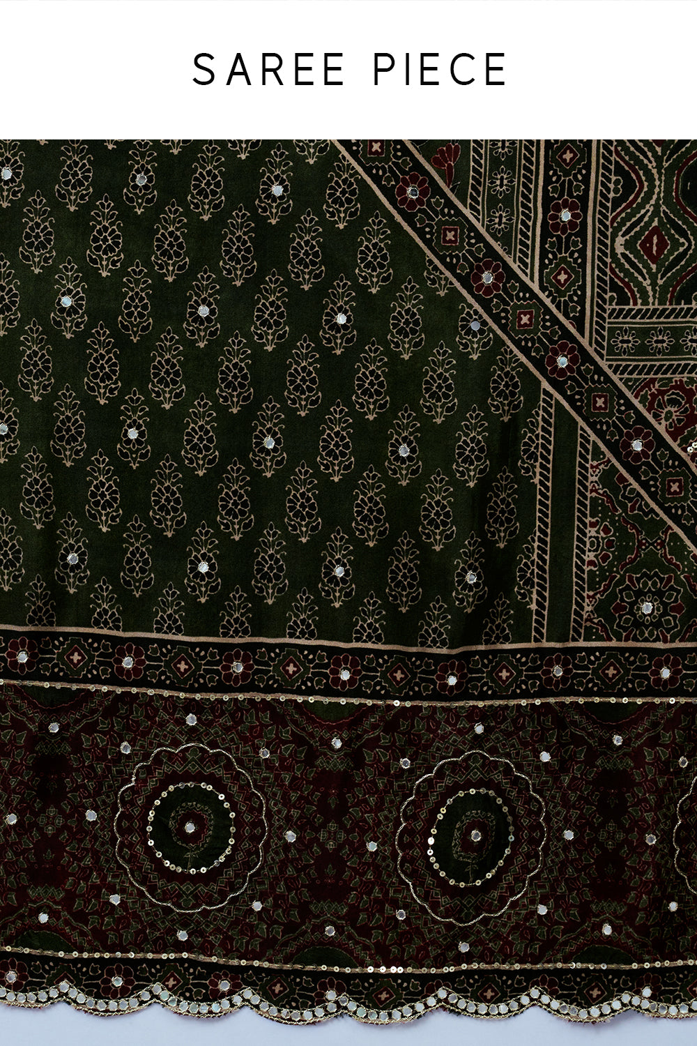 Dark Green Crepe Saree with Geometric Print and Mirror Work