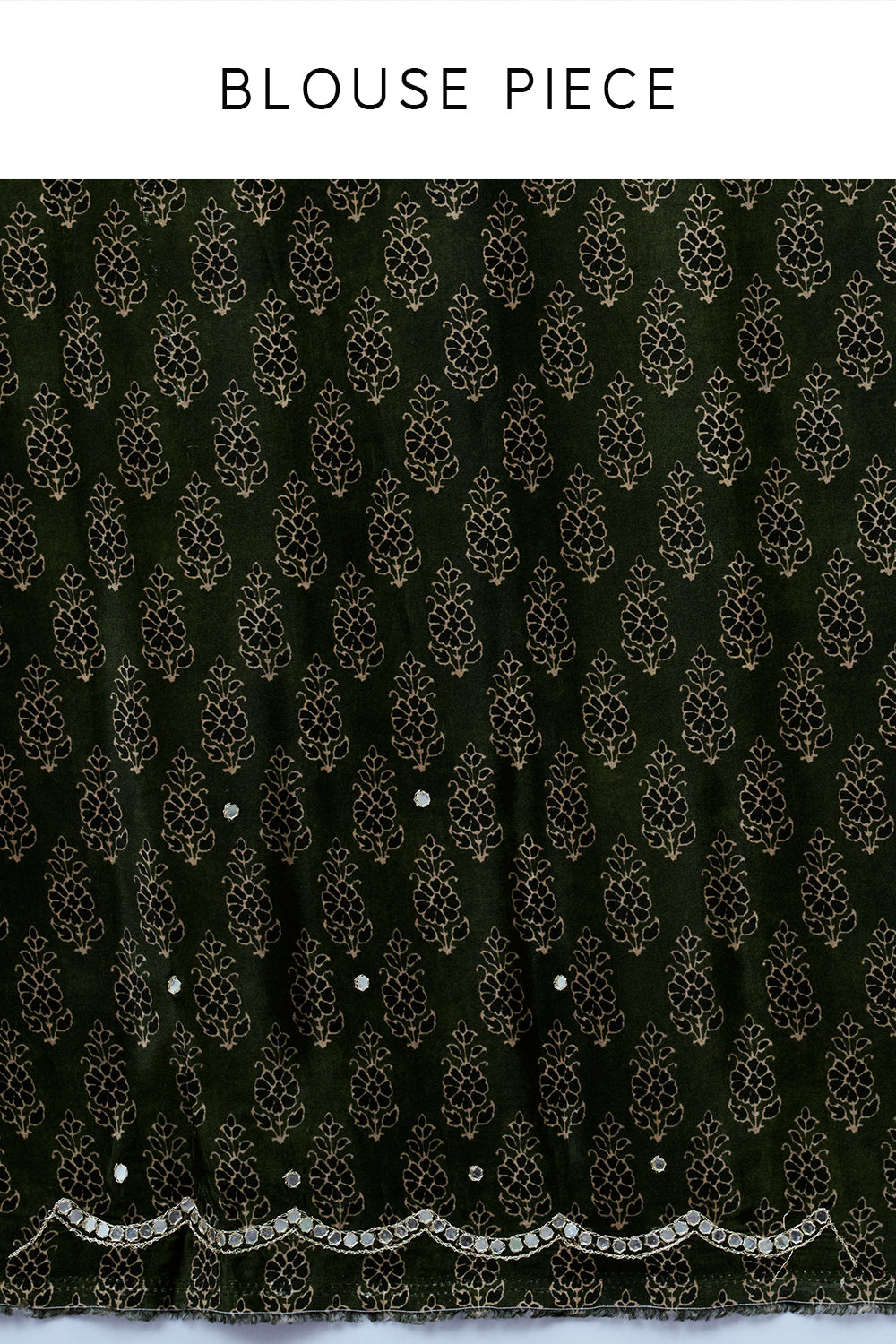 Dark Green Crepe Saree with Geometric Print and Mirror Work