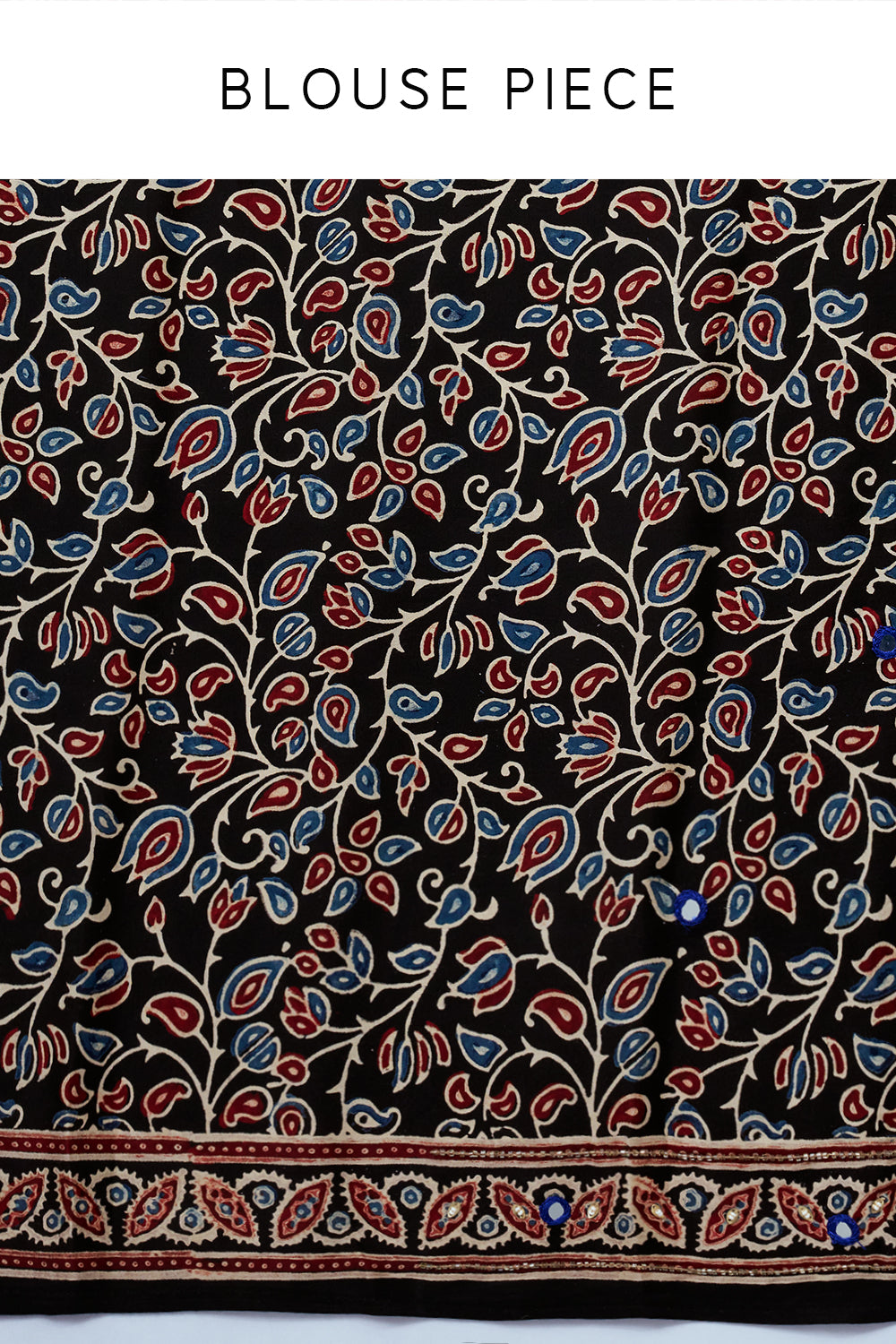 Black Silk Print Saree with Royal Blue Motifs and Unstitched Ajrakh Blouse