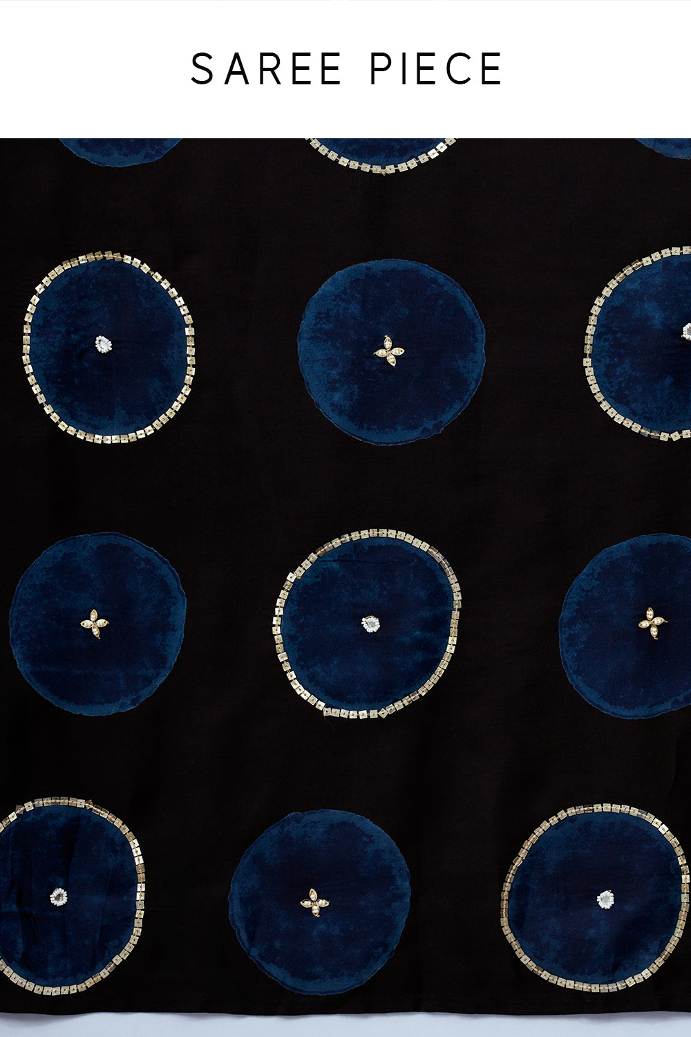 Black Silk Print Saree with Royal Blue Motifs and Unstitched Ajrakh Blouse