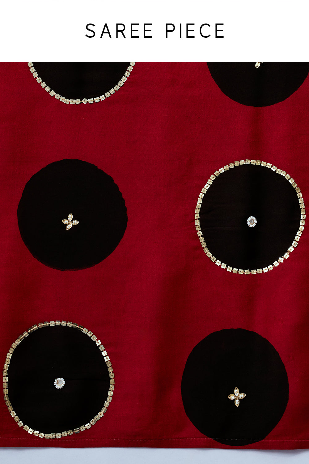 Crimson Red and Black Silk Print Saree and Unstitched Blouse