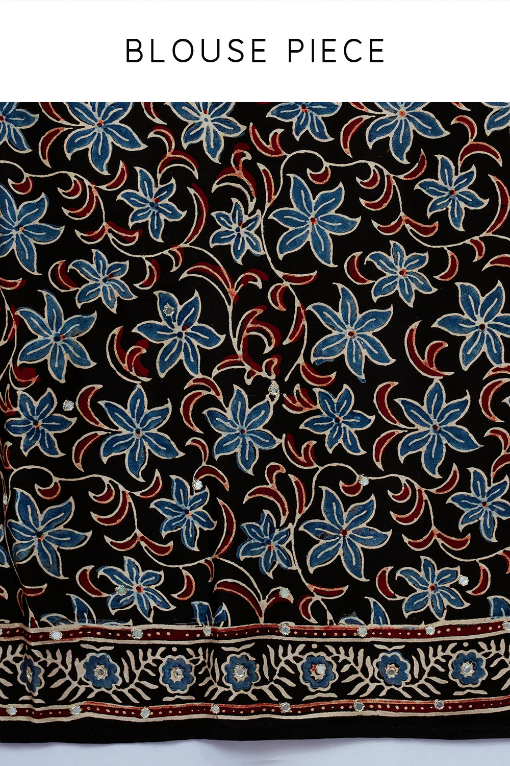 Black Floral Ajrakh Saree with Sequin Border and Unstitched Blouse