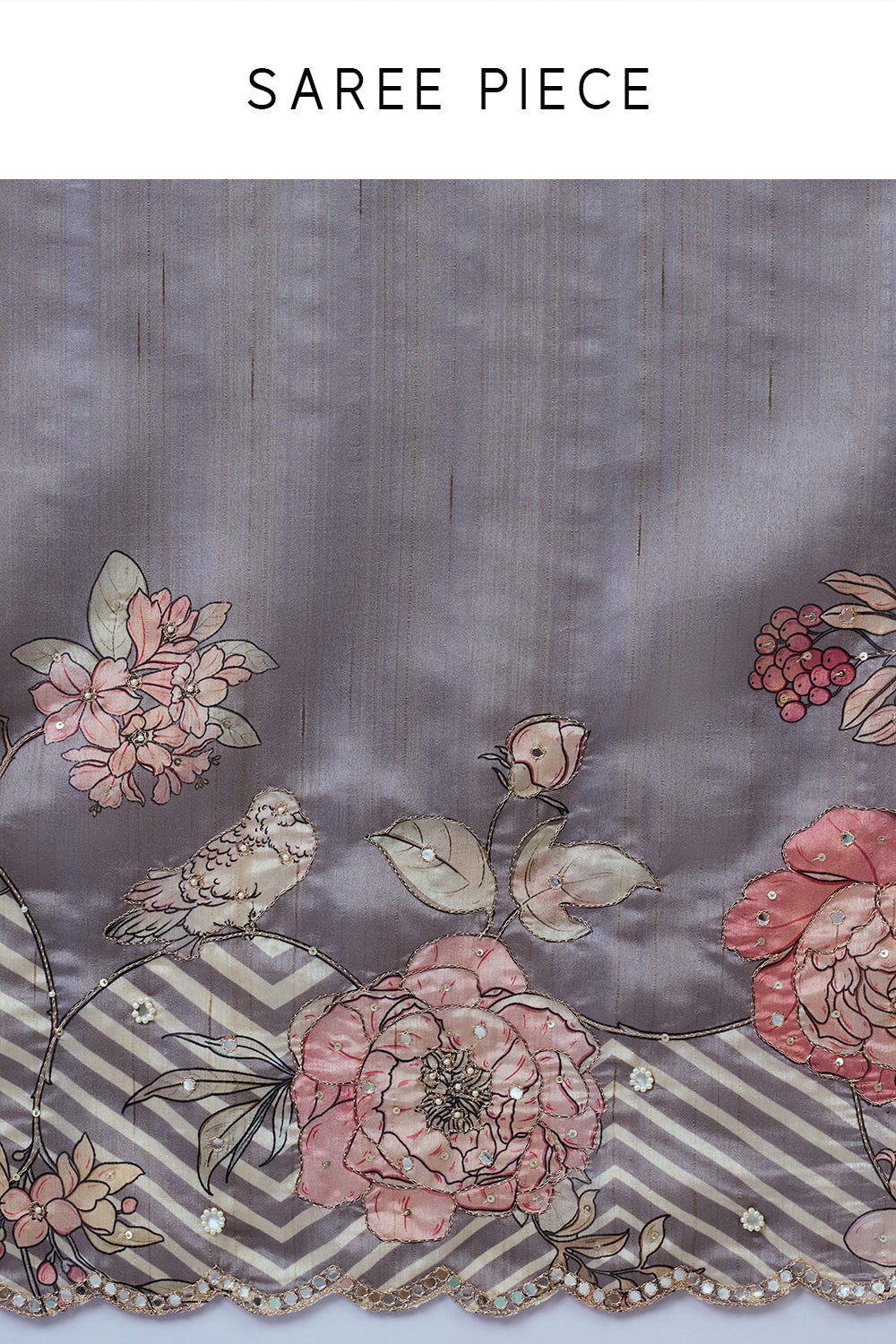 Ash Grey Tussar Silk Saree with Mirror Work