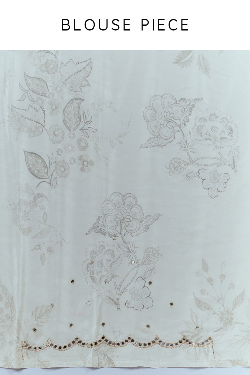 Cream Crepe Saree with Floral Print and Mirror Work