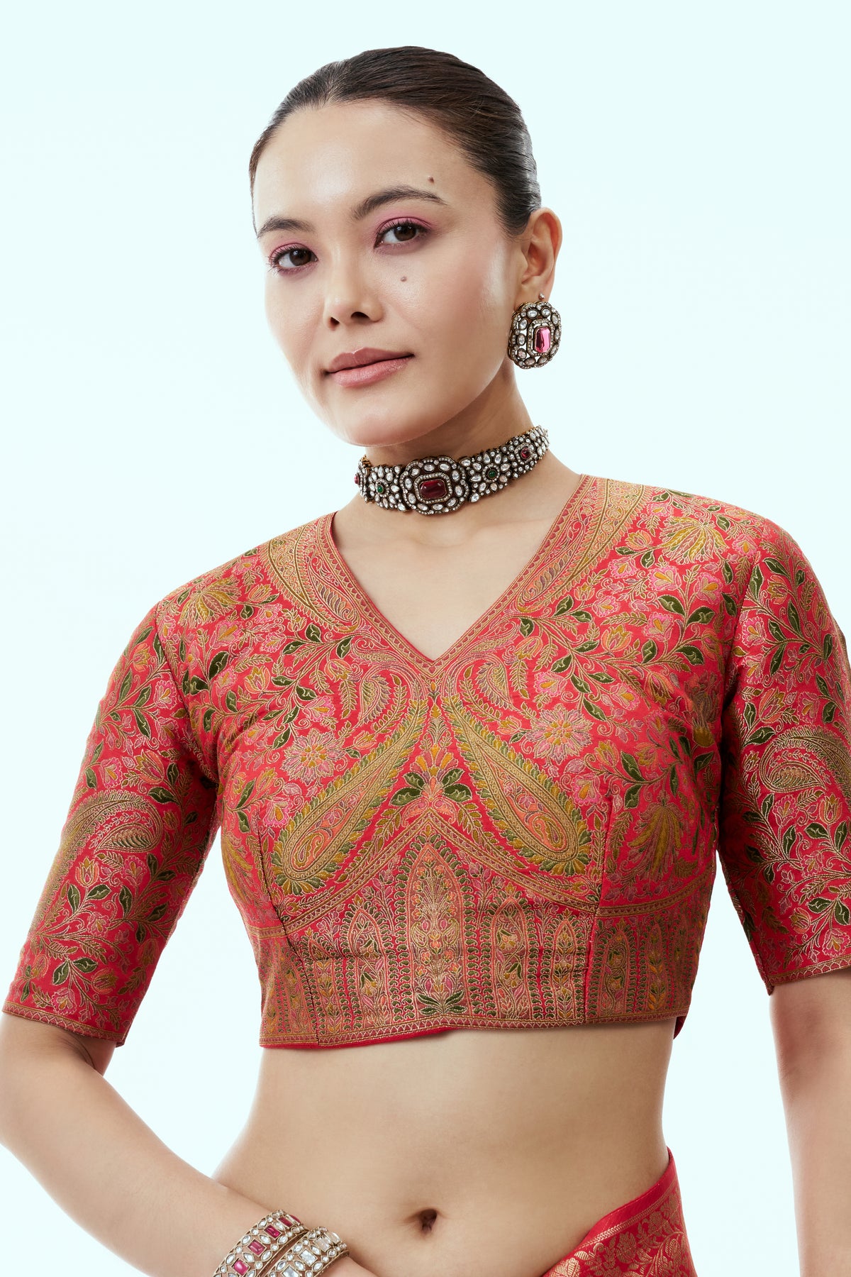 Red Banarasi Silk Saree with Zari Butti Work and Ready Made Blouse