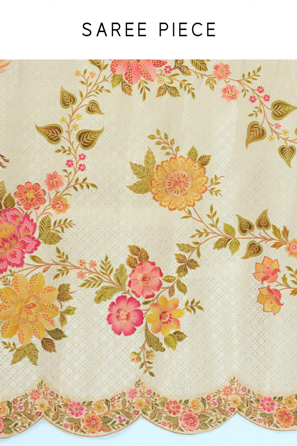Light Gold Banarasi Brocade Silk Saree with Floral Print and Unstitched Blouse