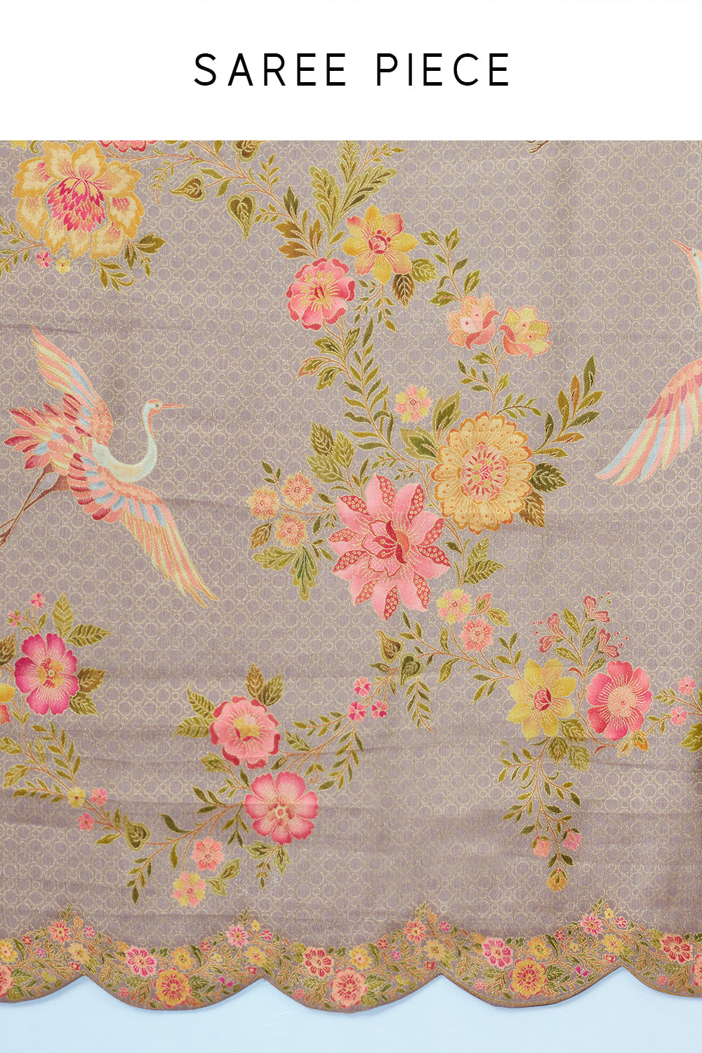 Grey Beige Banarasi Woven Saree with Floral Print and Unstitched Blouse