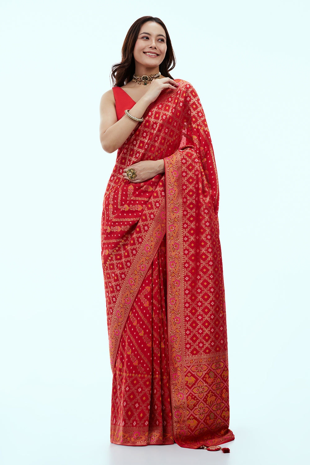 Red Banarasi Silk Patola Print Saree with Unstitched Blouse