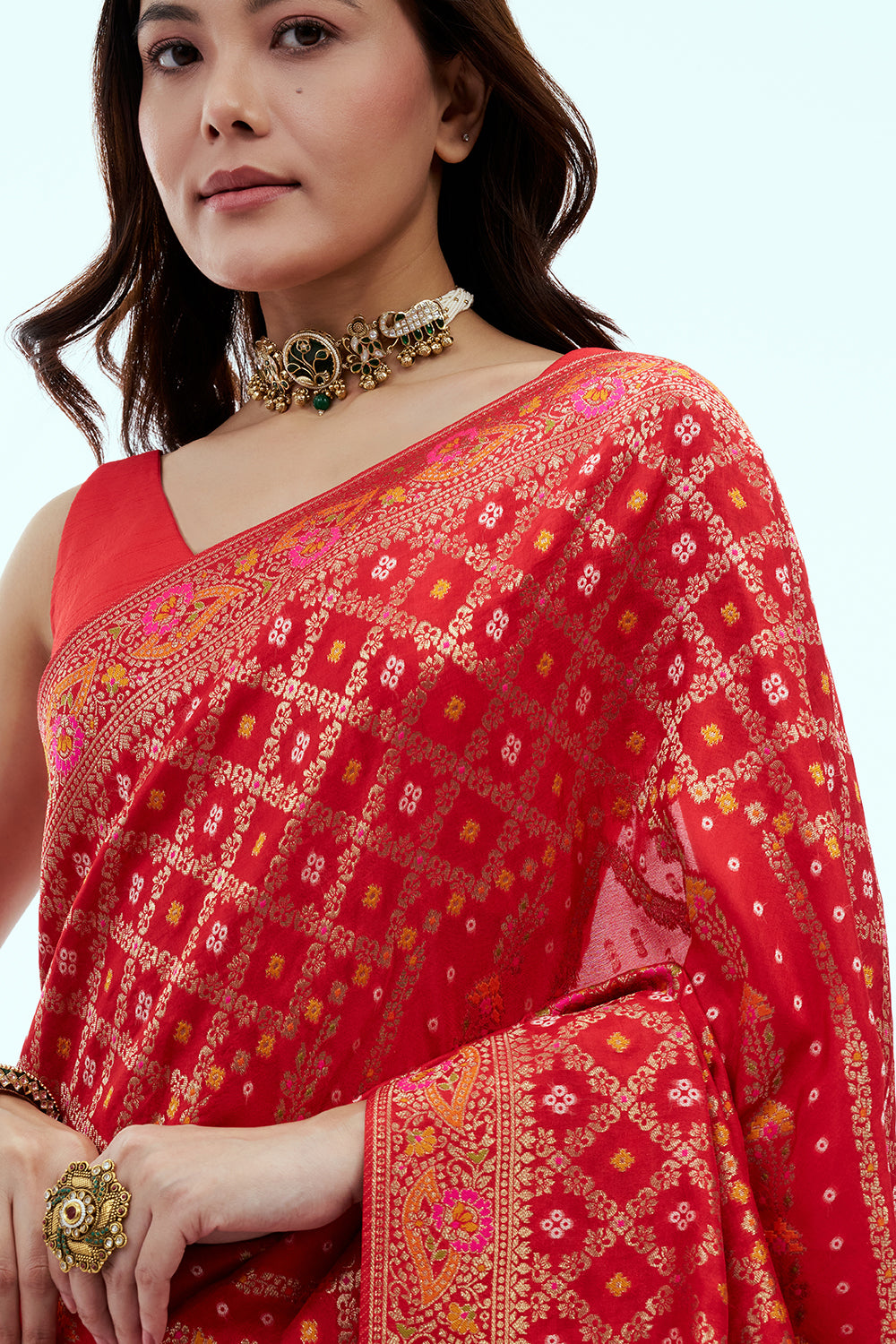 Red Banarasi Silk Patola Print Saree with Unstitched Blouse