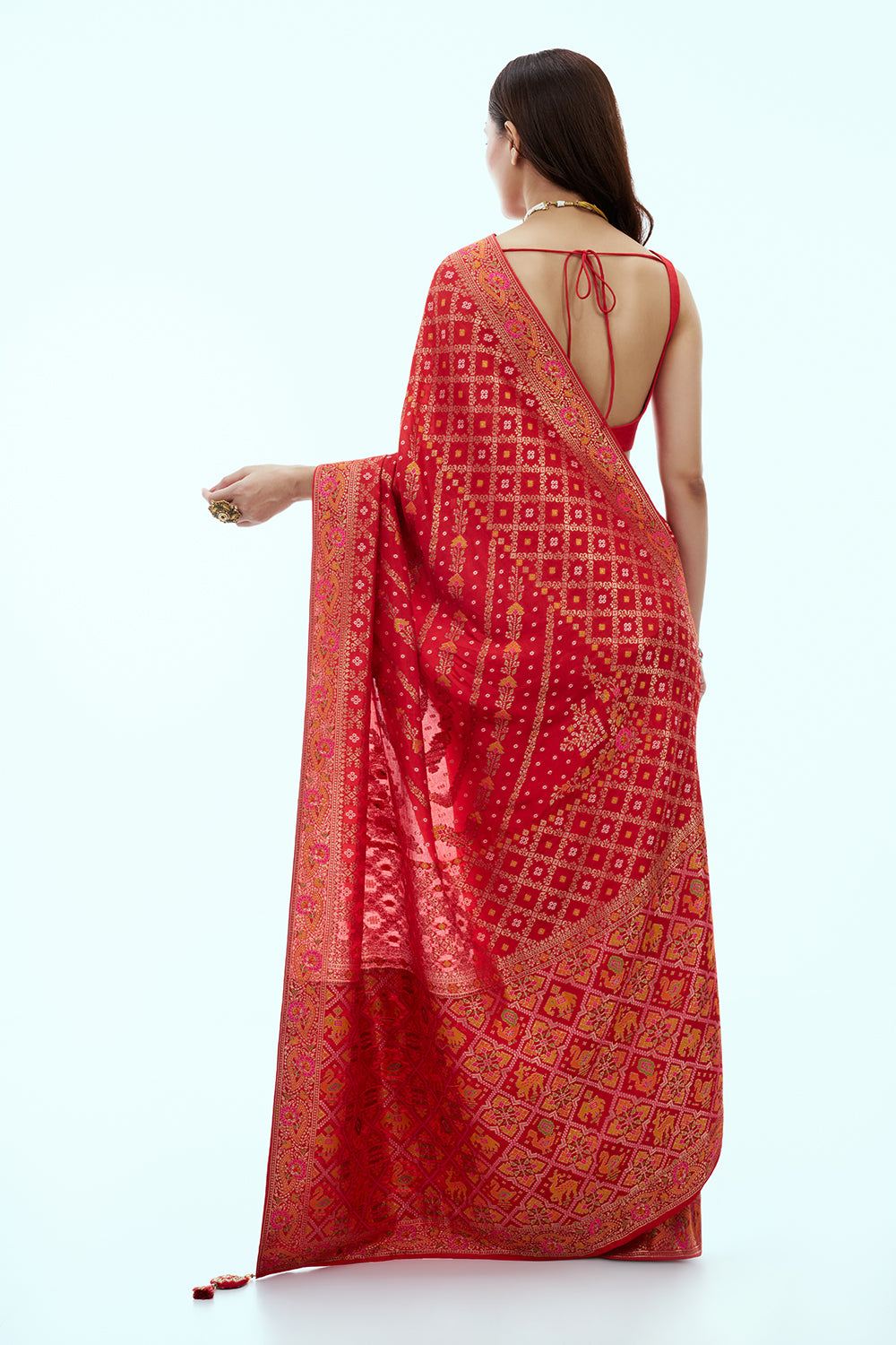 Red Banarasi Silk Patola Print Saree with Unstitched Blouse