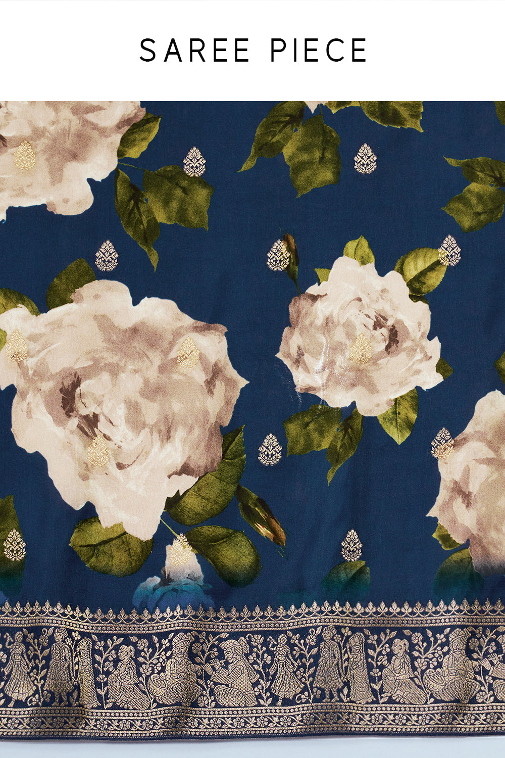 Navy Blue Banarasi Silk Floral Print Saree