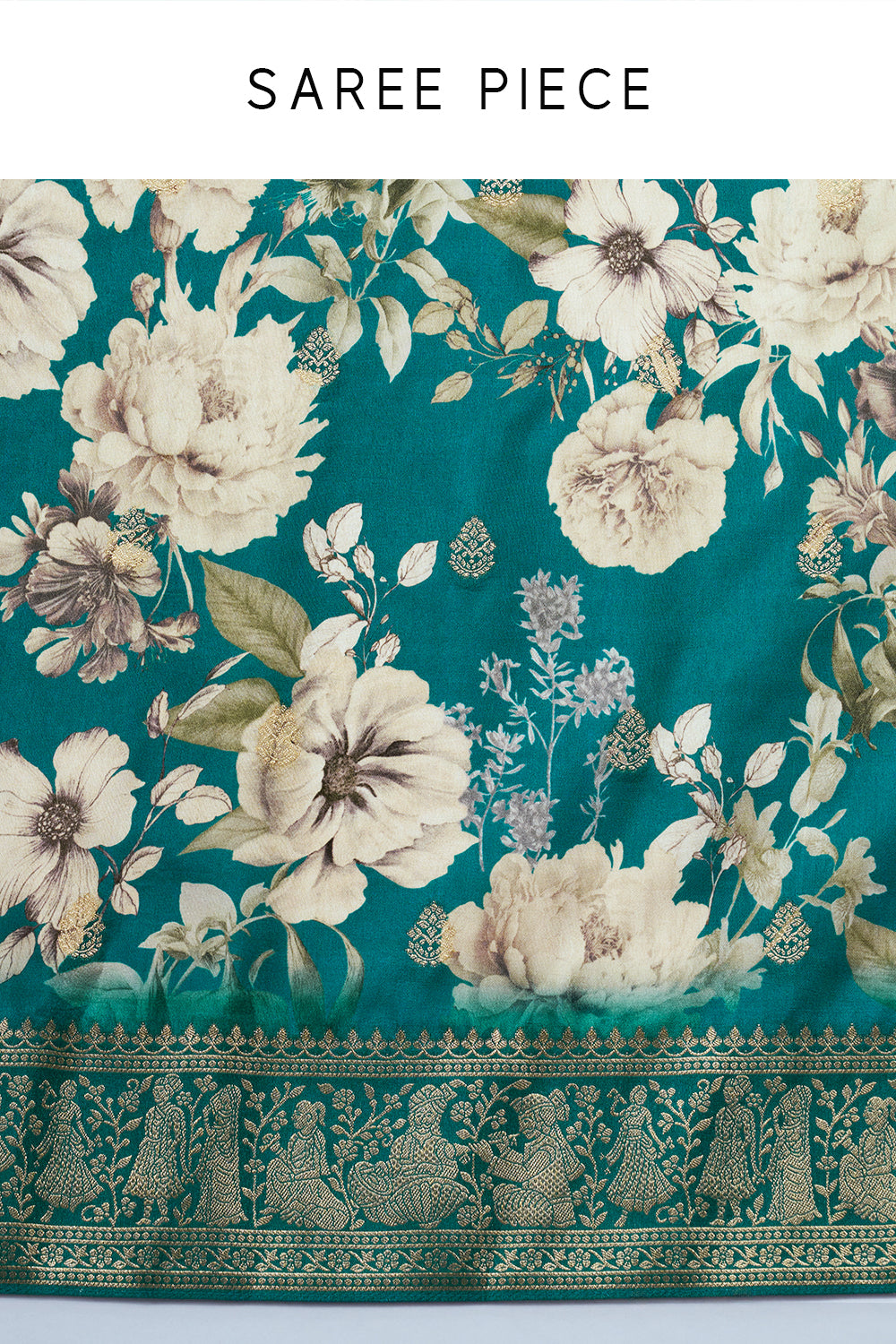 Teal Green Banarasi Silk Floral Print Saree