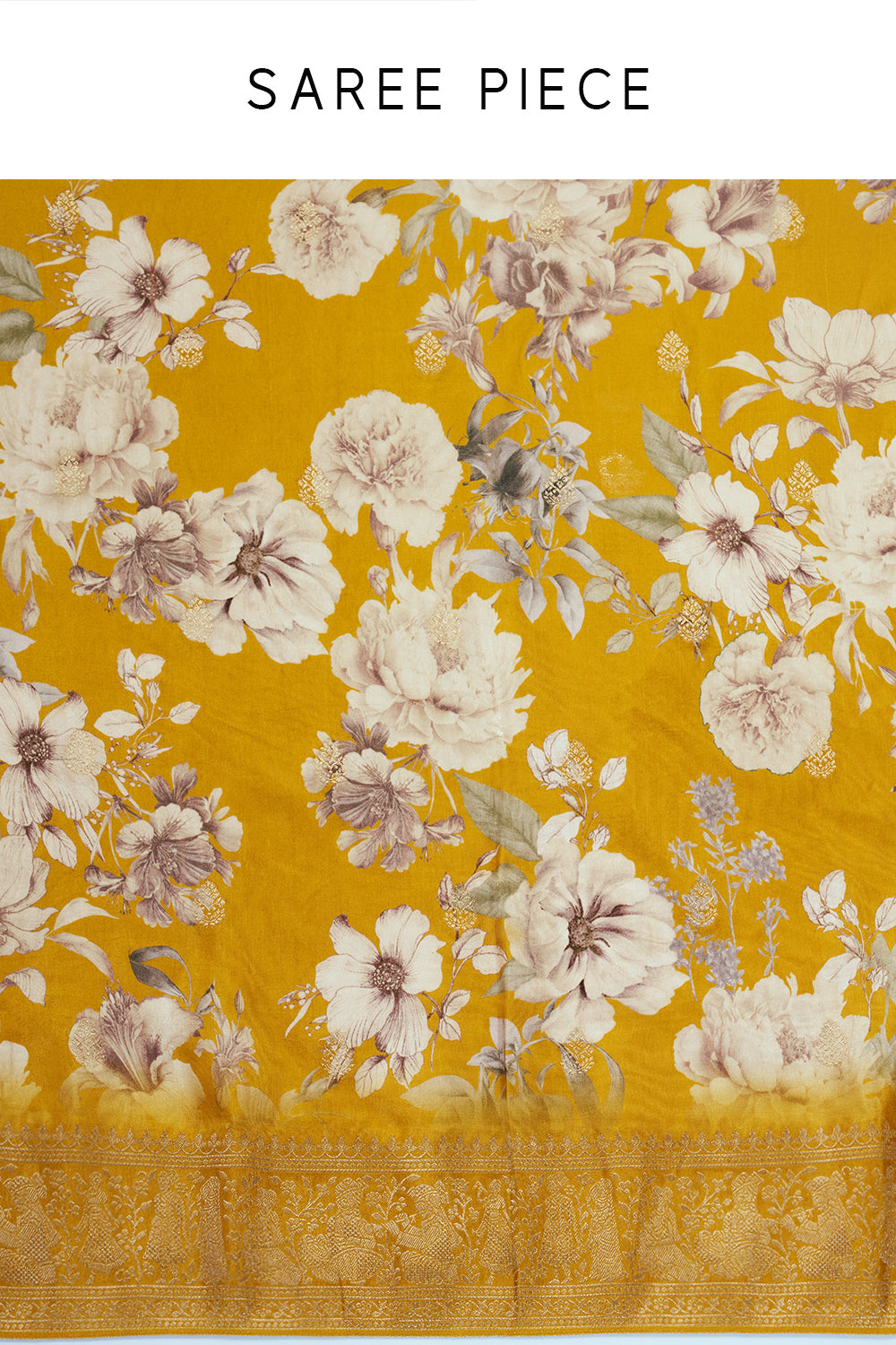 Mustard Yellow Silk Printed Saree with Floral Motifs