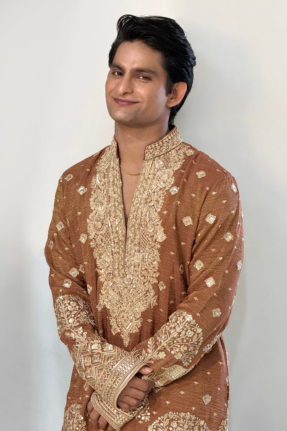 Brown Tissue Mens Kurta Set with Resham Embroidery
