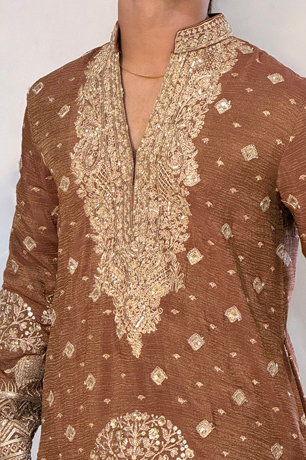 Brown Tissue Mens Kurta Set with Resham Embroidery