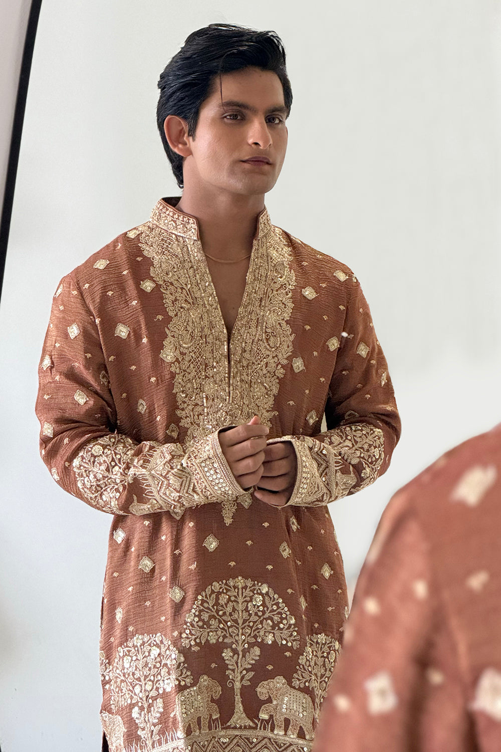 Brown Tissue Mens Kurta Set with Resham Embroidery