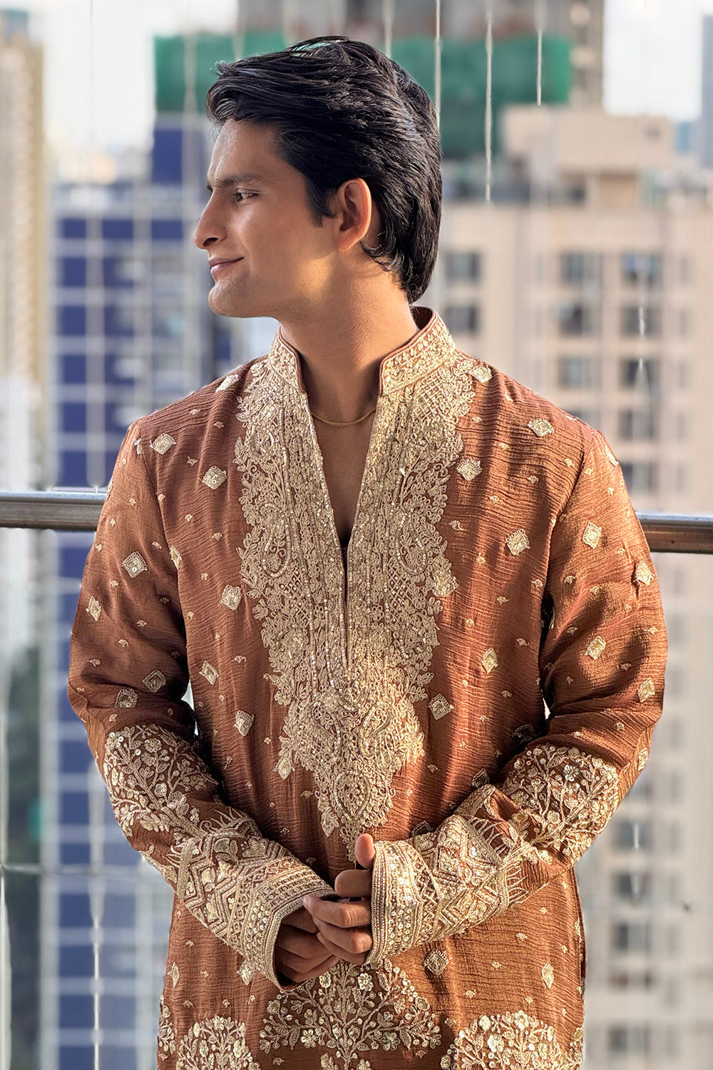 Brown Tissue Mens Kurta Set with Resham Embroidery