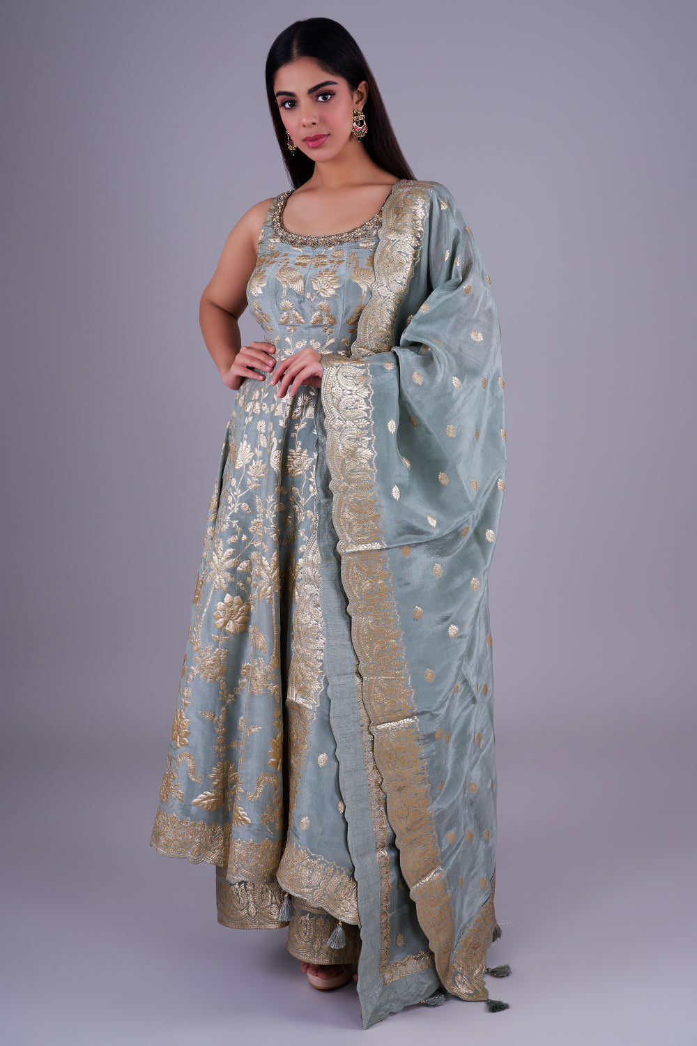 Sage Banarasi Anarkali With Zari