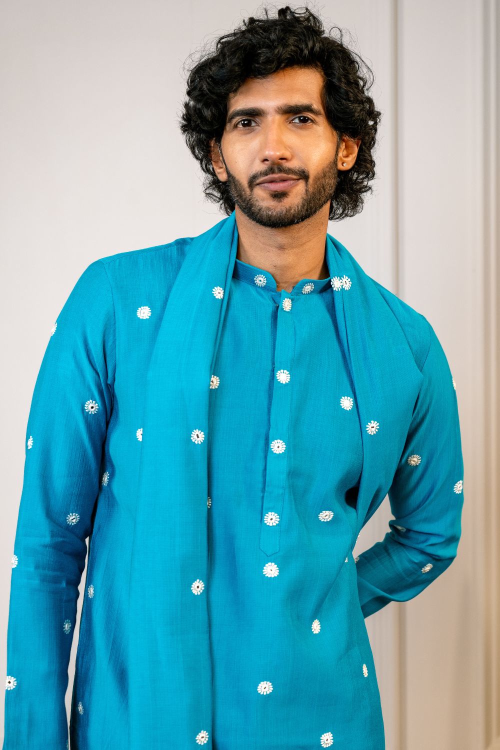 Silk Kurta Set With Mirror And Thread Embroidery