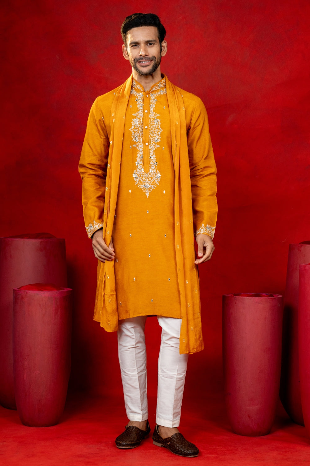Silk Kurta Set With Mirror And Thread Work