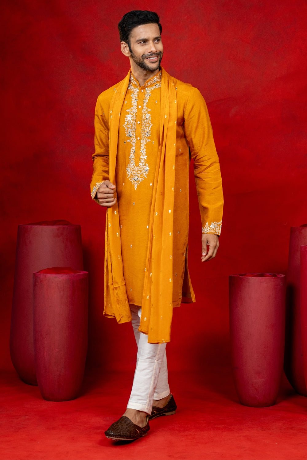 Silk Kurta Set With Mirror And Thread Work