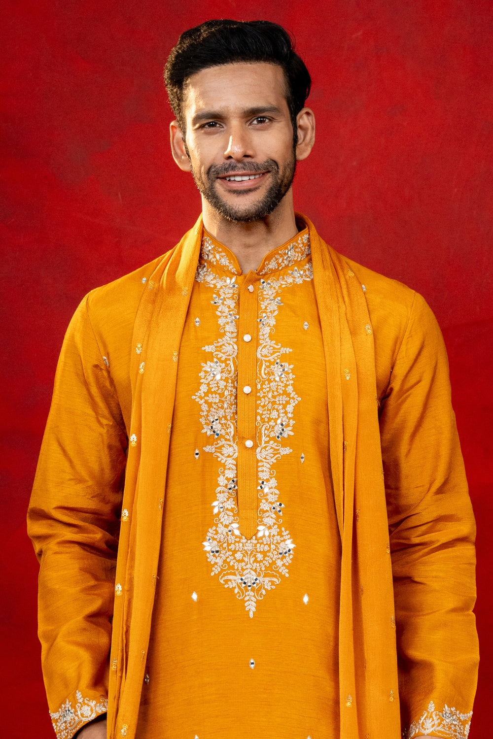 Silk Kurta Set With Mirror And Thread Work
