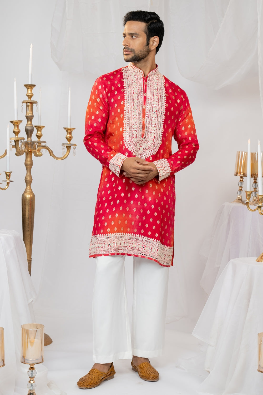 Silk Kurta Set With Print And Thread Embroidery