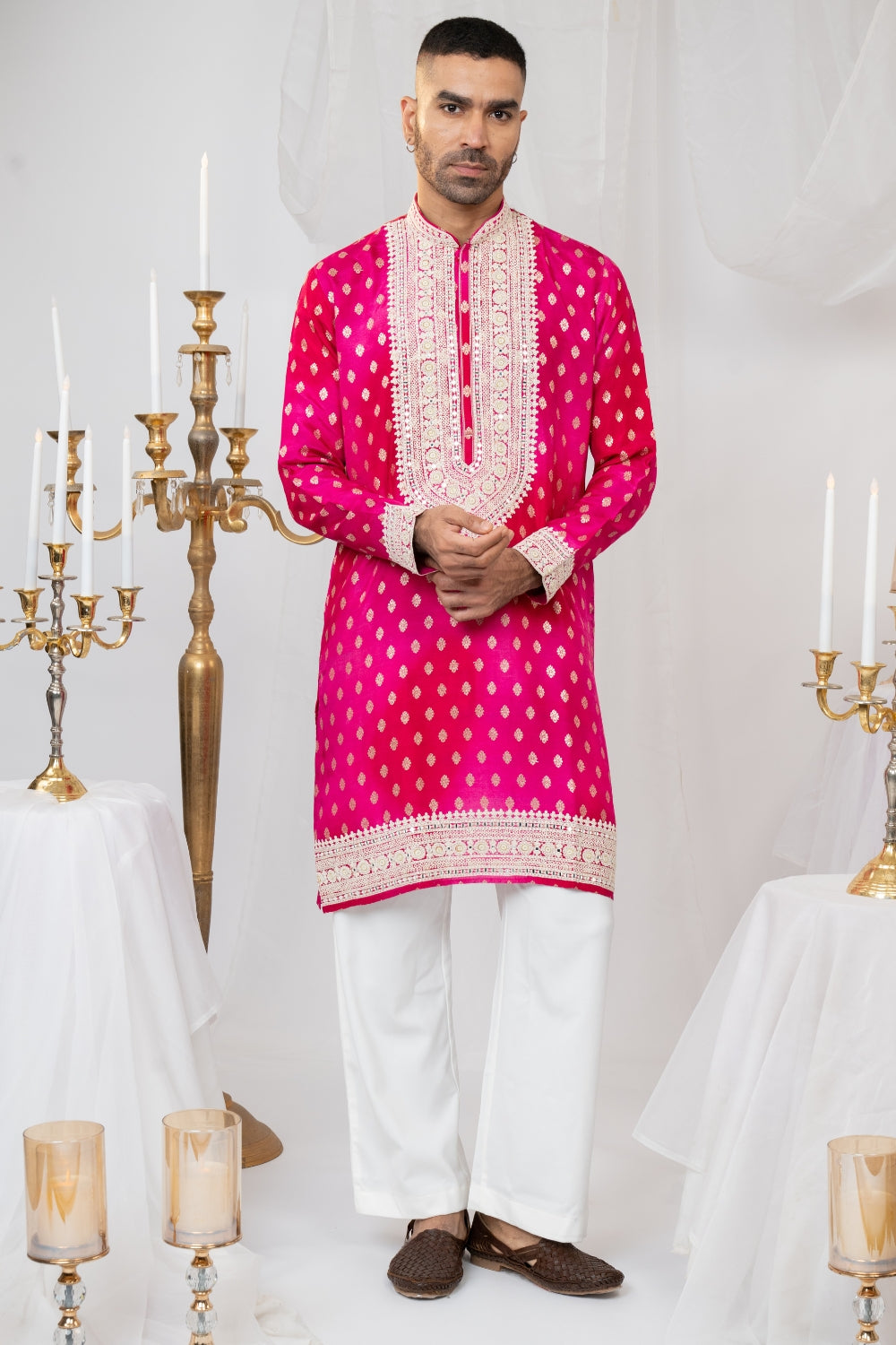 Silk Kurta Set With Print And Thread Embroidery