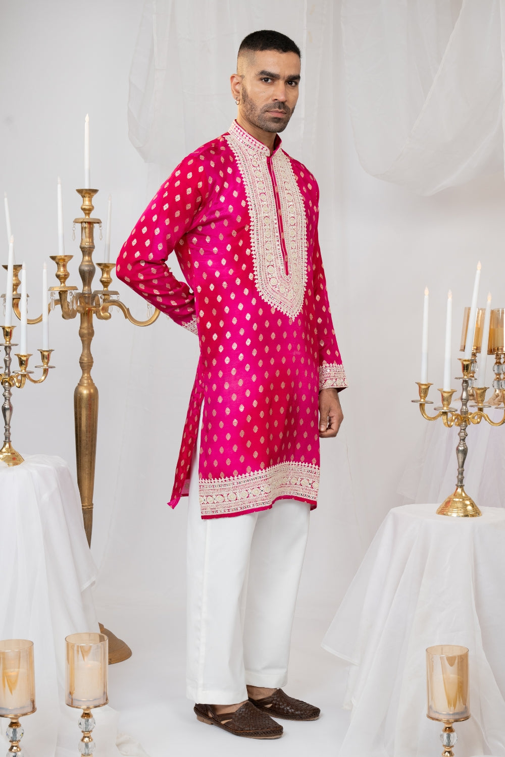 Silk Kurta Set With Print And Thread Embroidery