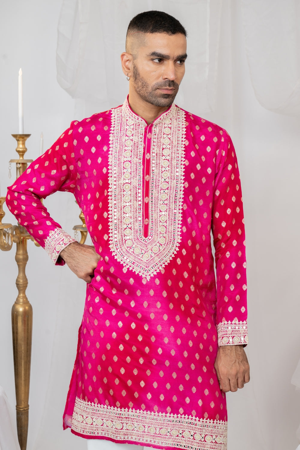 Silk Kurta Set With Print And Thread Embroidery