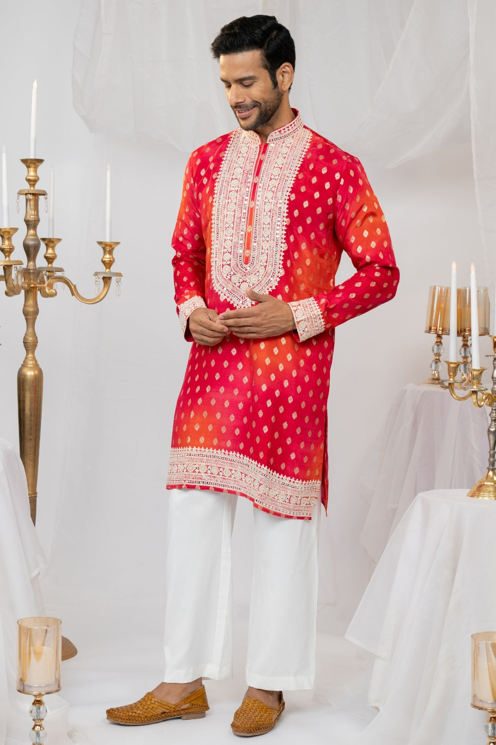 Silk Kurta Set With Print And Thread Embroidery