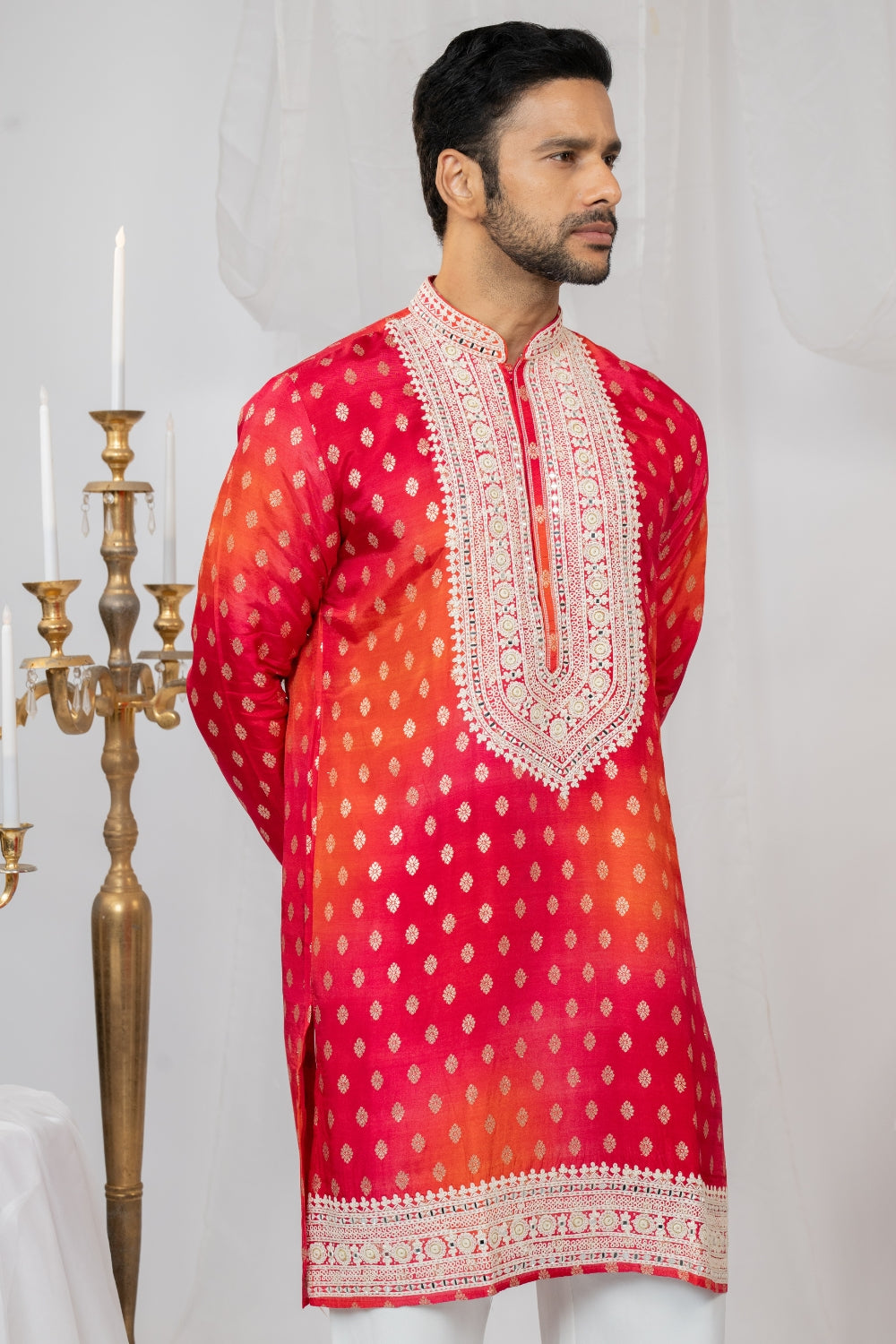 Silk Kurta Set With Print And Thread Embroidery
