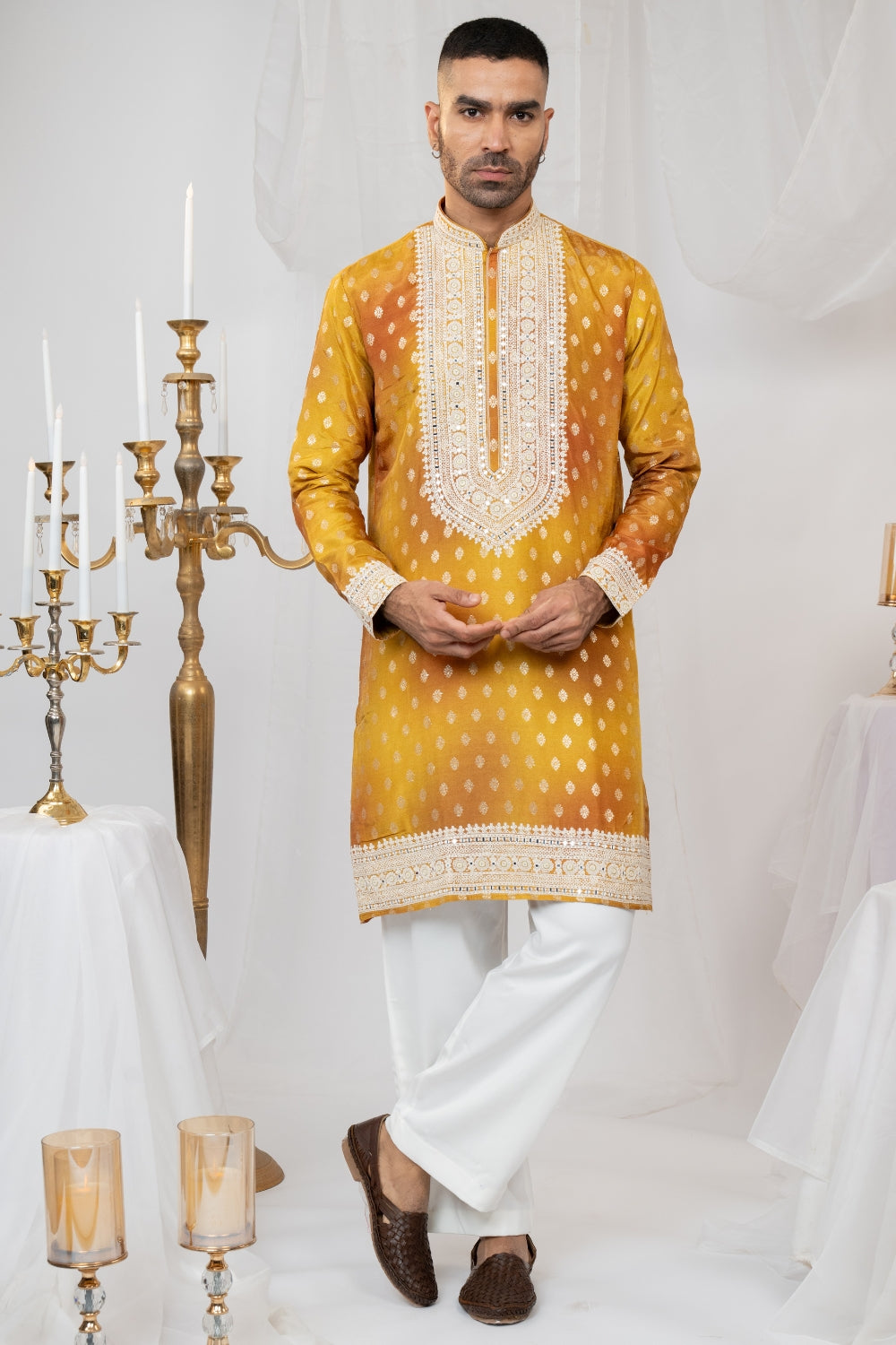 Silk Kurta Set With Print And Thread Embroidery