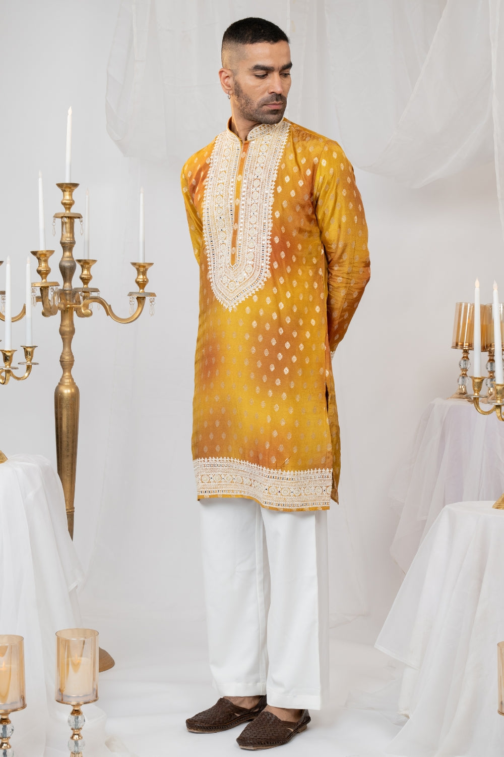 Silk Kurta Set With Print And Thread Embroidery
