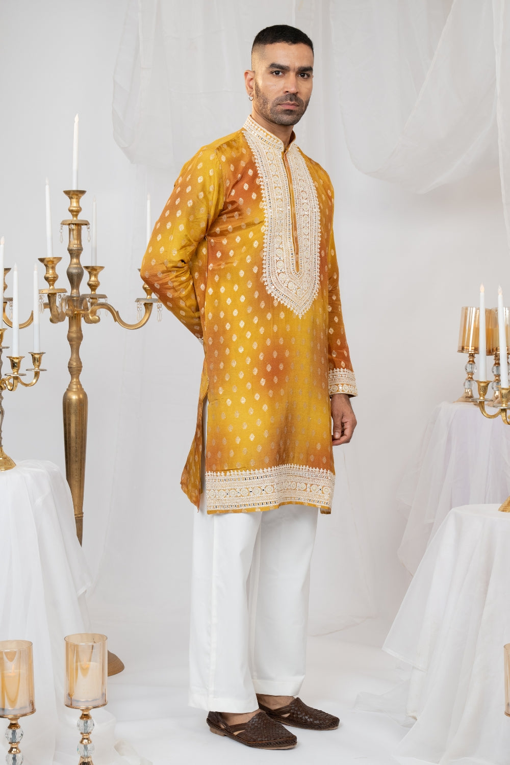 Silk Kurta Set With Print And Thread Embroidery