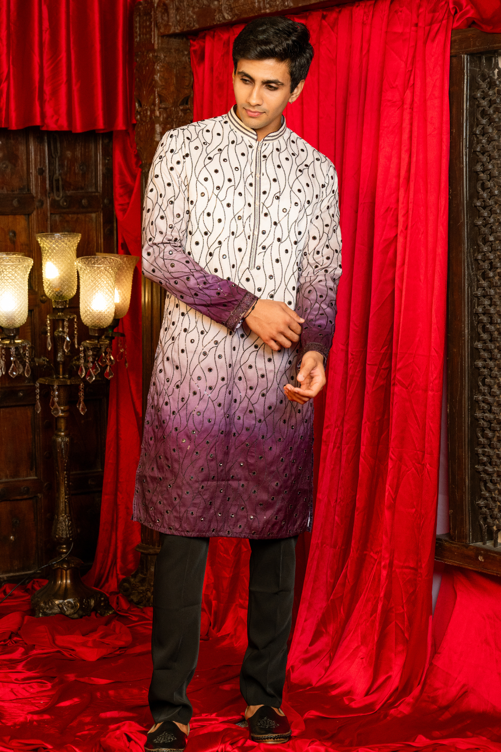 Silk Kurta Set With Sequins, Embroidery And Foil Work