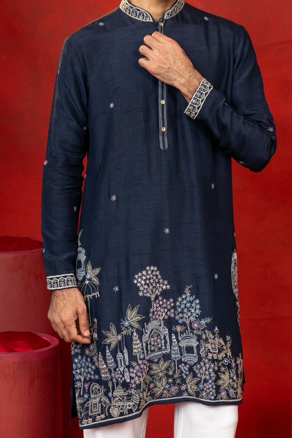 Silk Kurta Set With Sequins And Thread Embroidery
