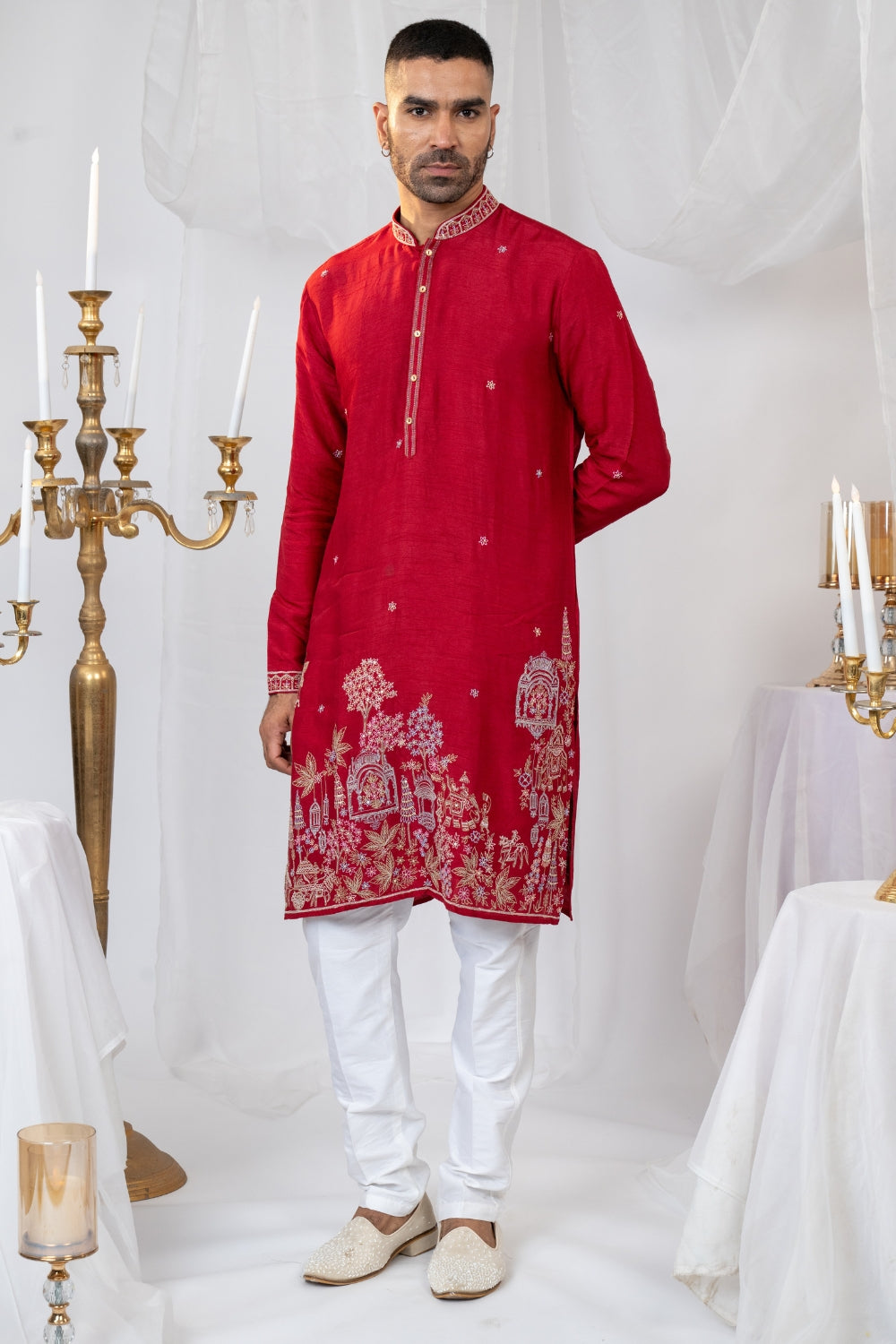 Silk Kurta Set With Sequins And Thread Embroidery