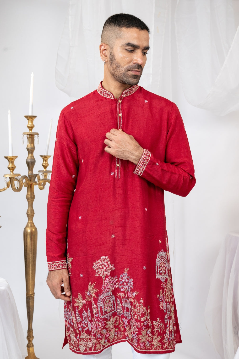 Silk Kurta Set With Sequins And Thread Embroidery