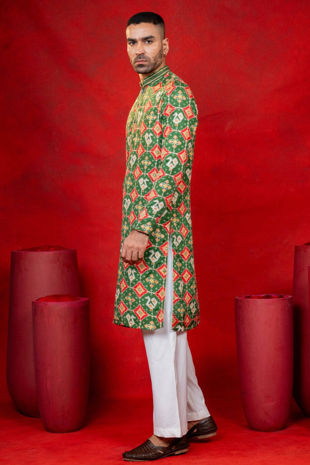 Silk Patola Kurta Set With Sequins And Embroidery Work