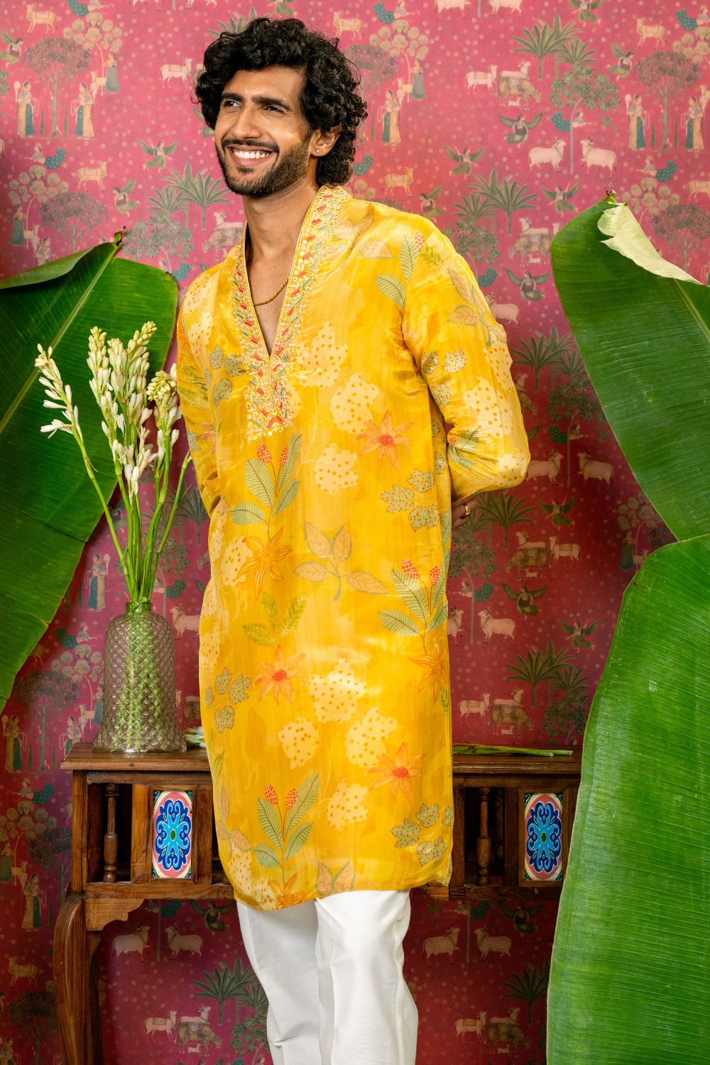 Yellow Silk Suit With Mirror And Resham Embroidery