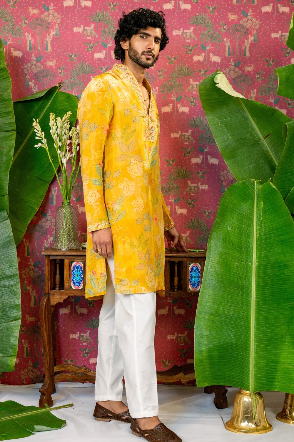 Yellow Silk Suit With Mirror And Resham Embroidery