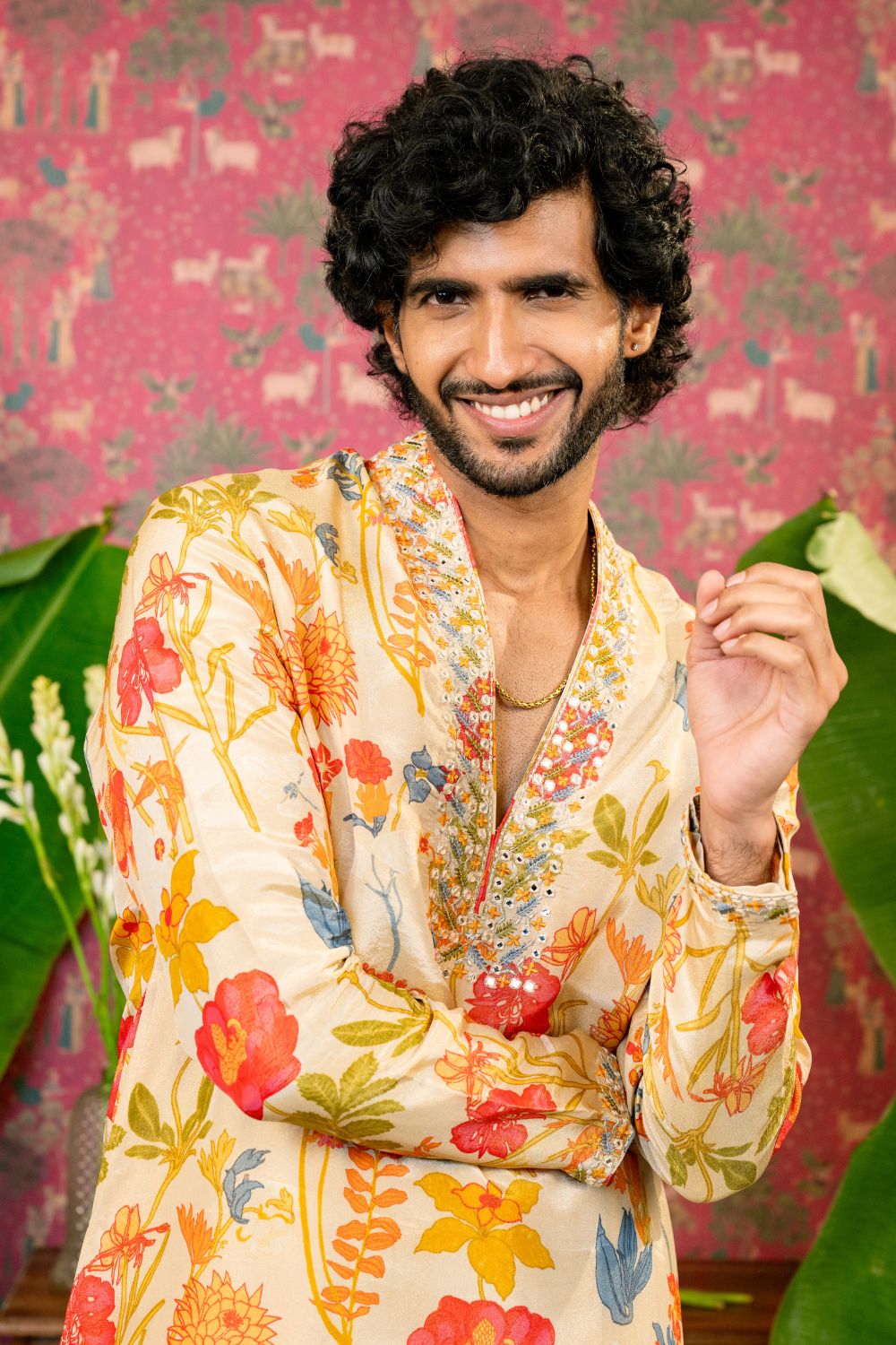 Golden Silk Suit With Mirror & Resham Embroidery And White Pants