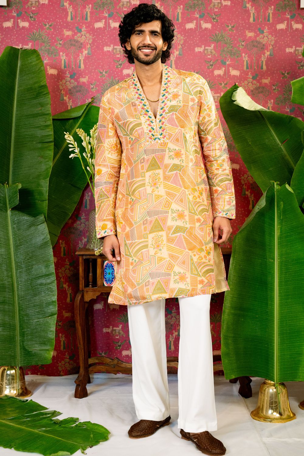 Cream Silk Kurta Set With Mirror And Resham Embroidery