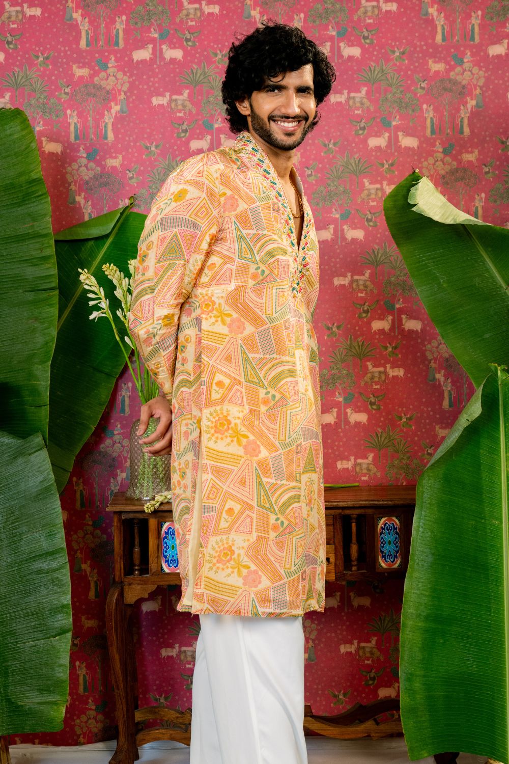 Cream Silk Kurta Set With Mirror And Resham Embroidery
