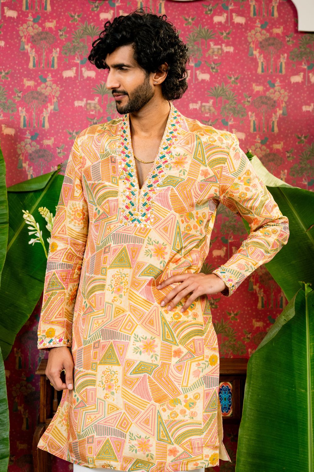 Cream Silk Kurta Set With Mirror And Resham Embroidery