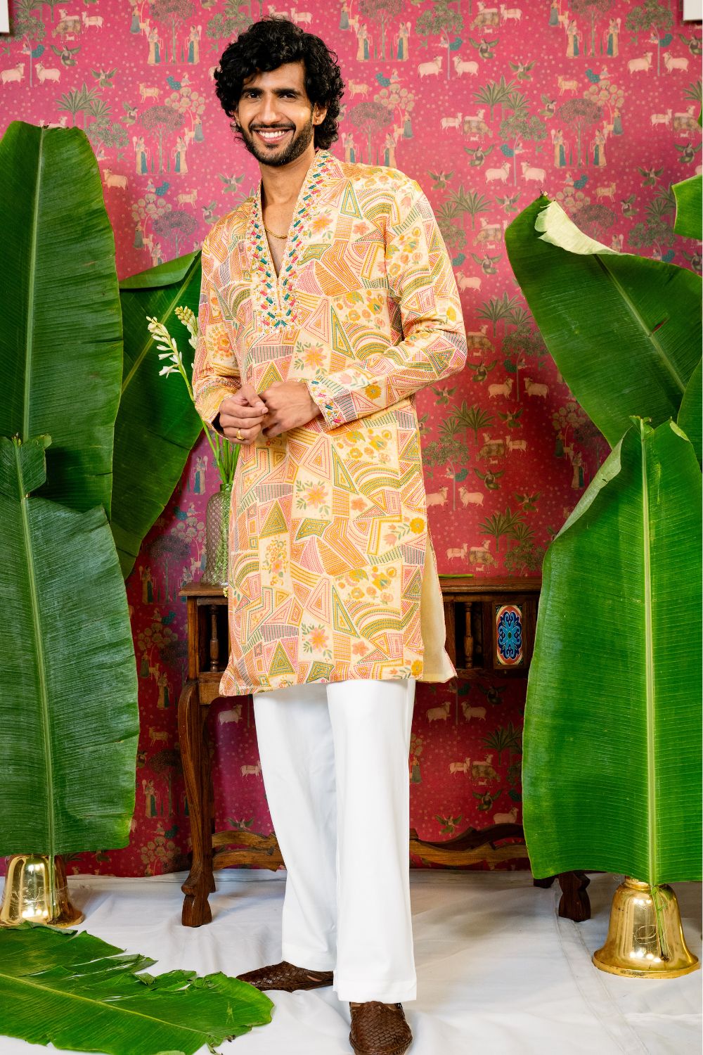 Cream Silk Kurta Set With Mirror And Resham Embroidery