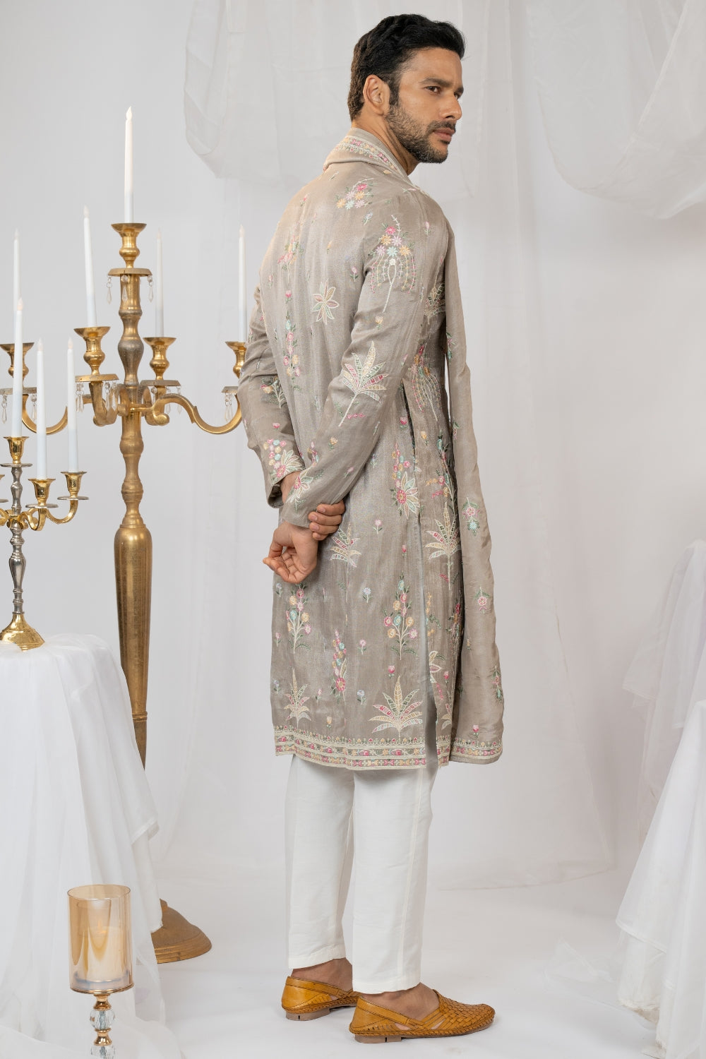 Soft Champagne Tissue Silk Kurta Set With Sequins And Resham Embroidery